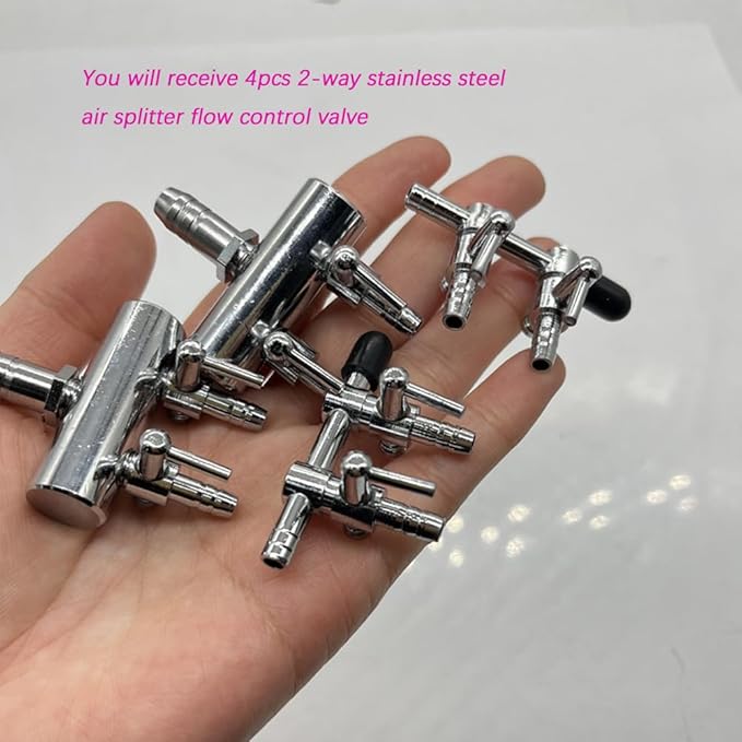 4 Pcs 2-Way Aquarium Air Splitter, Stainless Steel Pump Lever Flow Control Valve for Fish Tank (2 Sizes)
