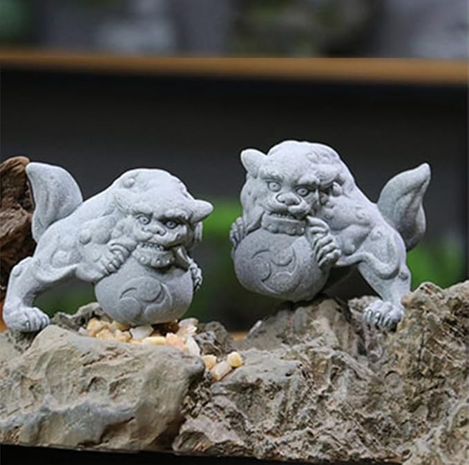 livelyfish Aquarium Fu Foo Dogs Statue Decorations A Pair of Asian Sandstone Lion Figures Sculpture for Fish Tanks Garden Bonsai Decor Gifts,E