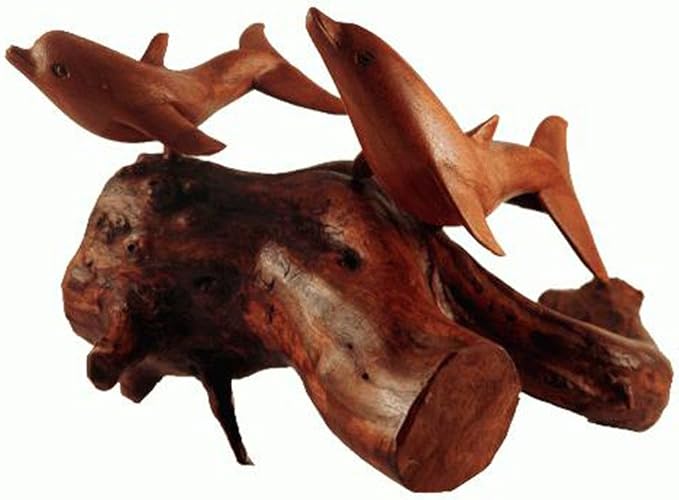 Two Hand Carved Wood Dolphins on a Driftwood Base