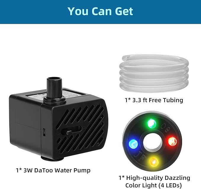 DaToo Mini Submersible Fountain Water Pump With LED Light 50GPH 3W Small Ultra Quiet Water Pump With Tubing For Aquarium Fish Tank Outdoor Pond Water Feature Fountain Statuary