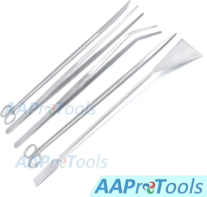 Fish Aquarium Cleaner 5 Pcs Set 18" Kelly Scissors, Tweeezers and Sand Flattener Extra Long Handle Stainless Steel Instruments