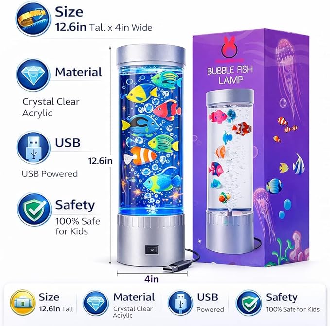 Bubble Fish Lamp with 6 Floating Fake Fish – LED Aquarium Night Light with Bubbles – Cylindrical Transparent Tank, Perfect for Rooms, Offices, and Living Spaces