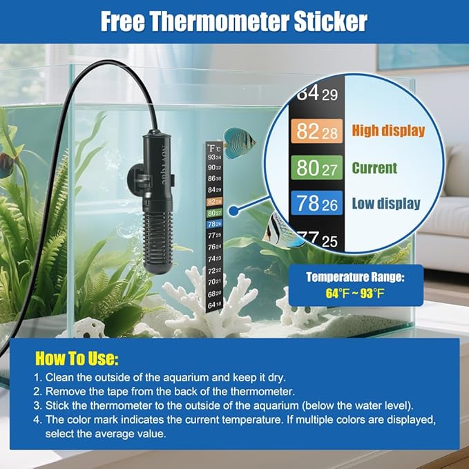 25W Mini Aquarium Heater Submersible Constant Temperature Fish Tank Betta Heater Free Thermometer Sticker Suitable for 1-6 Gallons Saltwater and Freshwater Tanks