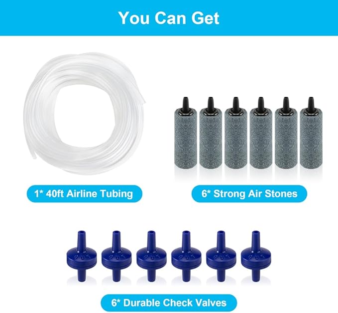 DaToo Aquarium Air Pump Standard Accessories 40ft Airline Tubing 6 Air Stones 6 Check Valves for DaToo Air Pumps Fish Tank Hydroponic Systems Pond