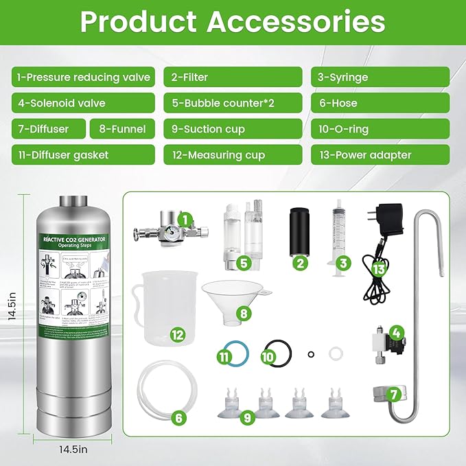 2L Co2 for Aquarium Kit with Double Switch Solenoid Valve, Aquarium Co2 Kit with Adjustable Bubble Counter, Co2 Aquarium Kit