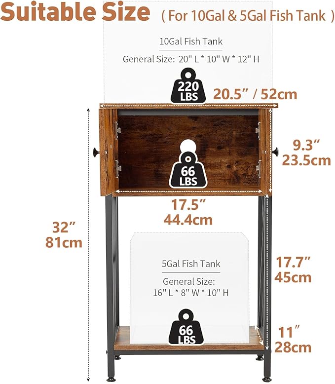 LAQUAL 10 Gallon Fish Tank Stand with Cabinet, Double Aquarium Stand for 10 & 5 Gallon Fish Tank, Heavy Metal Stand with Stable Structure, Adjustable Table Feet & Anti-tilt Device - Rustic Brown