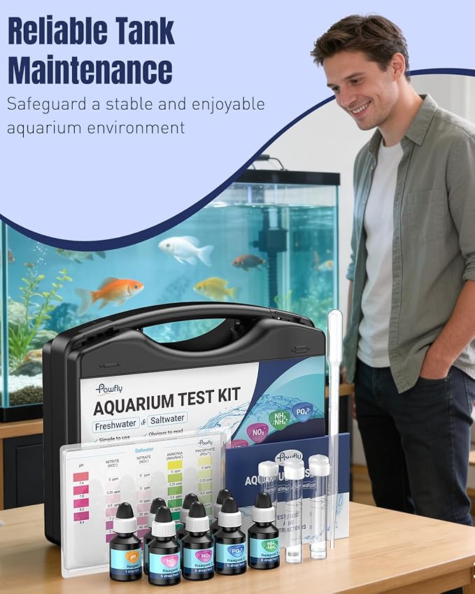 Pawfly 5 in 1 Aquarium Water Master Test Kit, Aquarium Water Test Kit Fish Tank Water Testing Kit for pH Nitrite Nitrate Ammonia & Phosphate, Aquarium Test Kit for Freshwater & Saltwater Fish Tanks