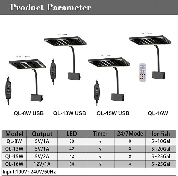 Carefree Fish Aquarium LED Light USB 5V1A RGBW 5730 Timmer 1~10Gal Fish Tank Clip Light 10 Brightness Levels 8W with USB Port (Include UL Certification Power Adapter)
