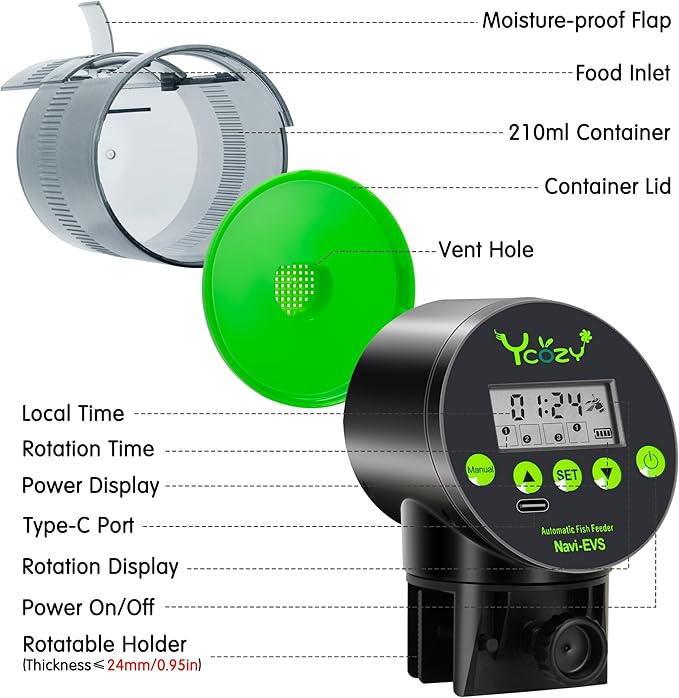 Ycozy Automatic Fish Feeder Rechargeable with USB Cable Moisture-Proof Intelligent Electric Fish/Turtle Feeder for Aquarium & Fish Tank (Rechargeable EVS)