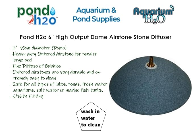 Large Dome High Output Sintered Airstone, 6 Inch (152mm) Heavy Duty Dome Sintered Air Stone Large, for Koi Fish Pond or Large Aquarium Aeration | Bubble Diffuser Used with Pond Pumps and Fish Tanks