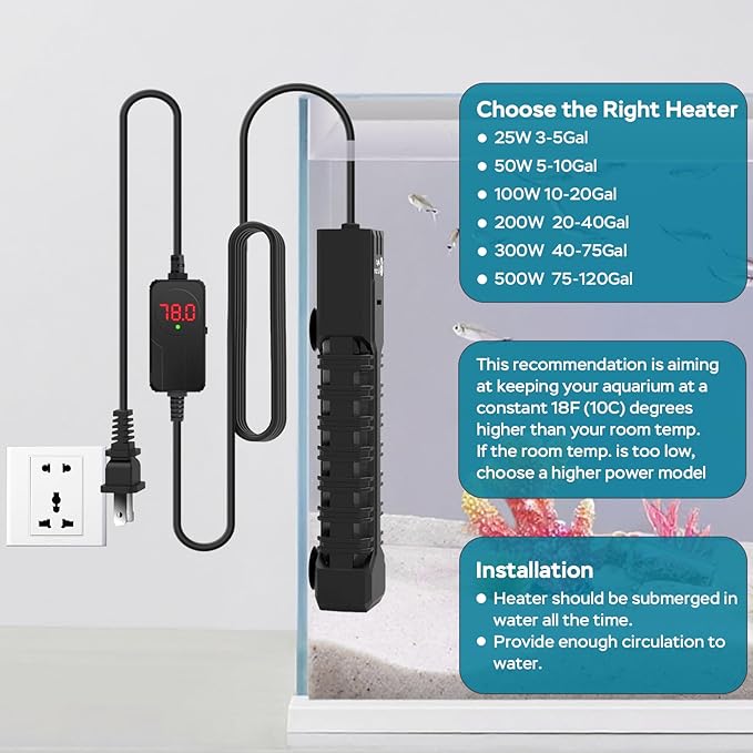 AquaMiracle Aquarium Heater, 200W Submersible Fish Tank Heater with LED Digital Display, Overheat Protection & Auto Power-Off When Out of Water, for Freshwater and Saltwater Fish Tanks (20-40 Gal)