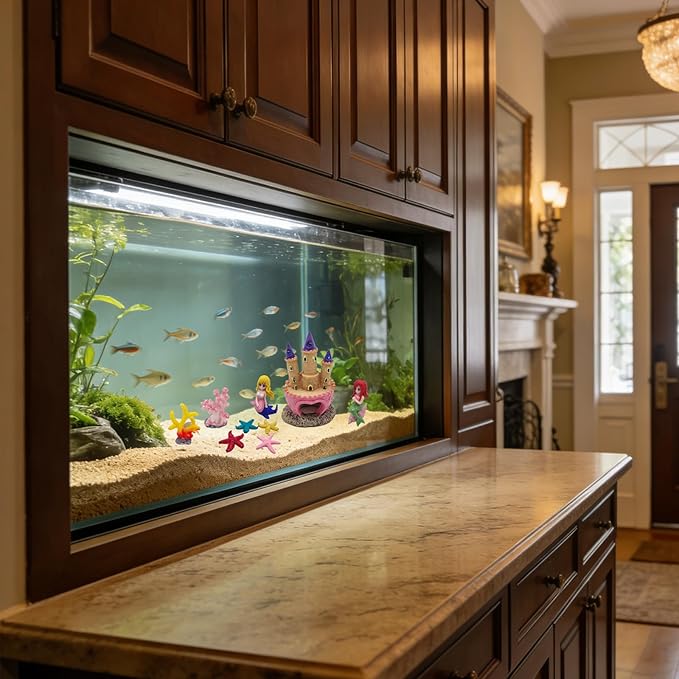 Aquarium Castle Decor with Artificial Starfish & Coral, Pink Fish Tank Accessories for Aquascape Enthusiasts, Sand Table DIY