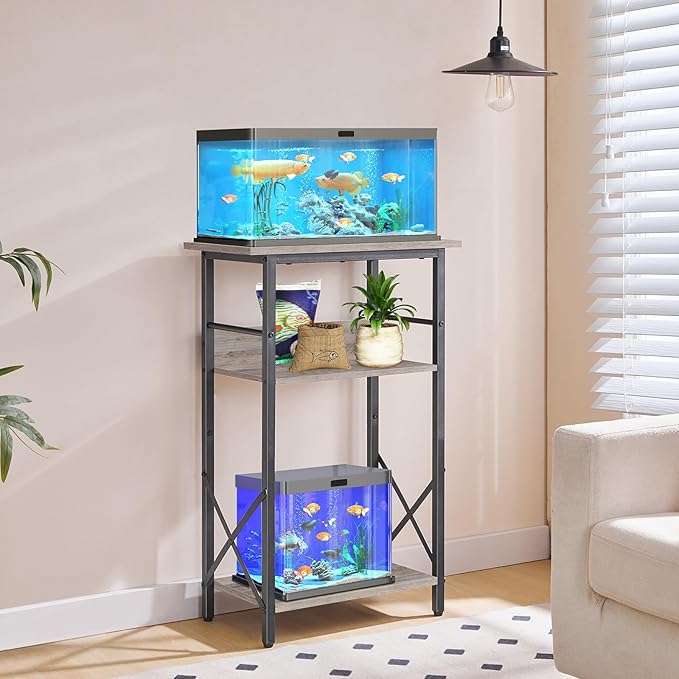 HOOBRO 10 Gallon Aquarium Stand, 3-Tier Fish Tank Stand with Storage, Reptile Turtle Tank Stand with Metal Frame, 20.5" L x 11" W , Greige BG52FT01