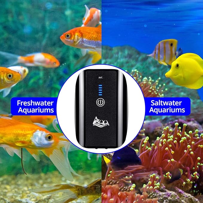 AQQA Aquarium Air Pump, Battery Rechargeable Portable Bubbles Oxygen Pump for Fresh & Saltwater Aquariums with Air Stone, Tubes, USB Cable and Adapter (2.5 W for 1-140Gal Tank)