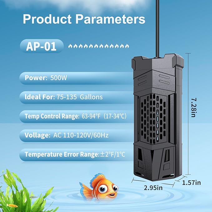 HiTauing Aquarium Heater, Upgrade AP01 300W/500W/800W/1000W Fish Tank Heater with Intelligent IC Chip Controller-Fast Heating, Precise Temperature Control for Saltwater and Freshwater