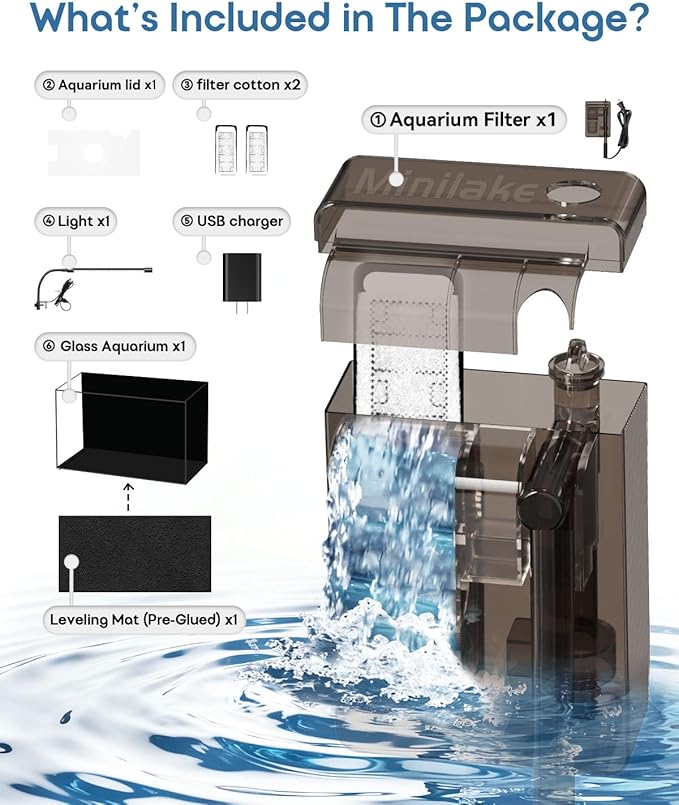 Glass Fish Tank Kit, 5 Gallon Betta Fish Tank Aquarium Starter Kit with Filter, Lights, Lid, for Betta, Goldfish, Small Fish or shrimg