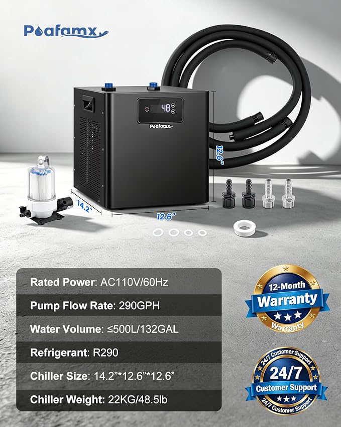 Poafamx 1/2 HP Water Chiller for Ice Bath, Cold Plunge Chiller with External Filter & Water Pump, Insulated Hoses, Quiet Cold Therapy Cooler for Ice Bath Tub