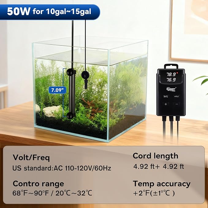 hygger Aquarium Heater,Submersible Fish Tank Heater with External Digital Display, Including Overheat & Leakage Protection and Temperature Sensor for Freshwater and Saltwater (50W for 10gal~15gal)