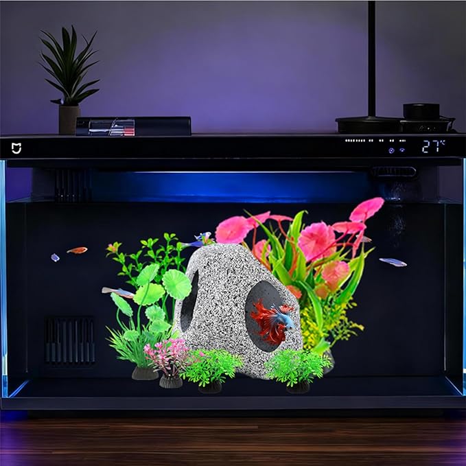 Fish Tank Decorations kit, Aquarium Decor Hideaway Rock Cave x 1pc, Fish Tank Accessories Aquatic Plants x 6pcs