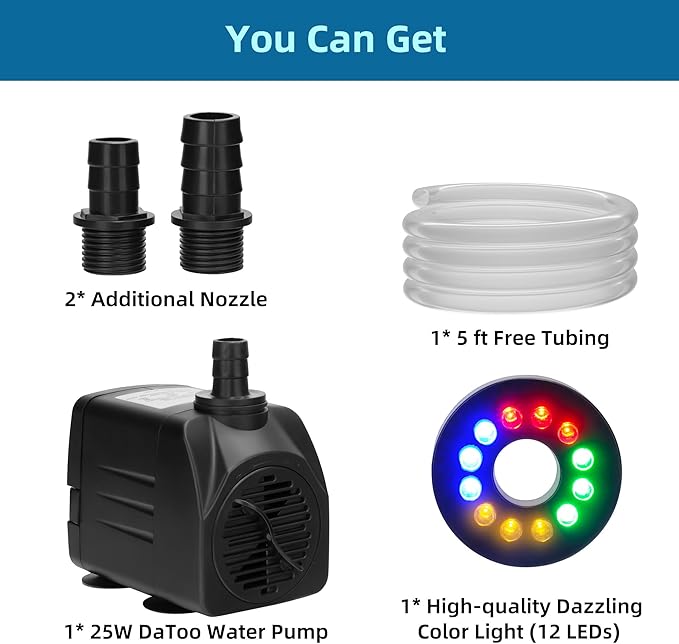 DaToo Mini Submersible Fountain Water Pump With LED Light 400GPH 25W Small Ultra Quiet Water Pump With Tubing For Aquarium Fish Tank Outdoor Pond Water Feature Fountain Statuary