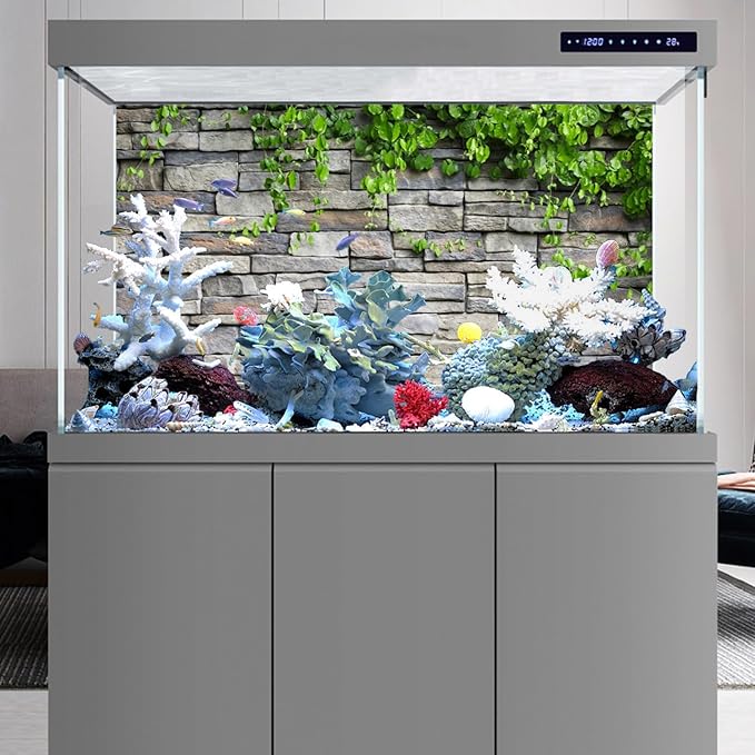AWERT Vinyl 72x24 inches Stone Brick Wall Aquarium Background Rock Fish Tank Background Spring Leaves Terrarium Background