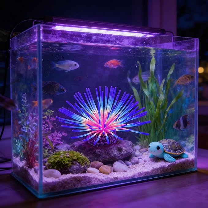 Fluorescent Rainbow Sea Urchin Aquarium Decor - Glows Under Blue Light, Weighted Silicone Ornament for Fish Tank with Swaying Spines, Saltwater & Freshwater, Vibrant Aquascape Centerpiece (Blue)