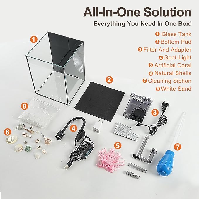 Desktop Aquarium Mini Tank Kit, 1.2 Gallon Rimless Cube with Filter, LED Spotlight, Black Background, Glass Construction, Pipette for Betta Fish, Guppies, Tetras