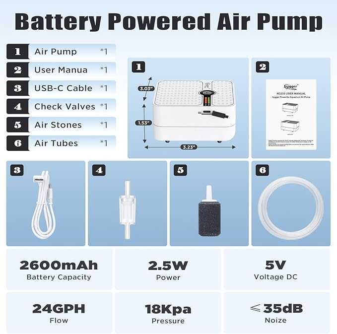 hygger USB Rechargeable Aquarium Air Pump, Battery Powered Quiet Oxygen Pump, Portable Aerator with Air Stone, Adjustable Air Flow with Clip for Bait Bucket, Outdoor Fishing and Power Outages