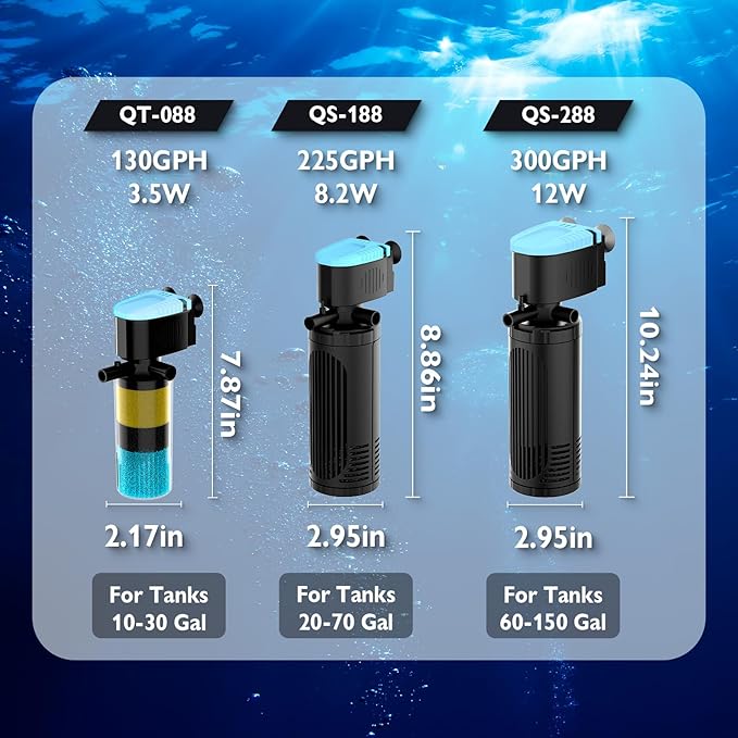 AquaMiracle Submersible Aquarium Filter 3-Stage in-Tank Filter with Dual Water Outlet & Aeration, 130GPH Internal Fish Tank Filter for 10-30 Gallon Aquariums