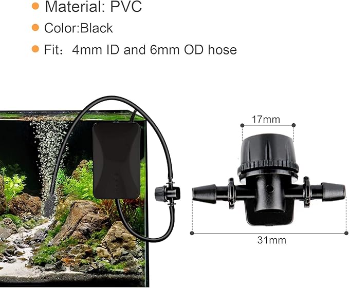 6 Units Adjustable Aquarium Micro Valve air Control Barb Hose Connector and 118 inch Black Aquarium Soft Silicone Airline tubing Hose