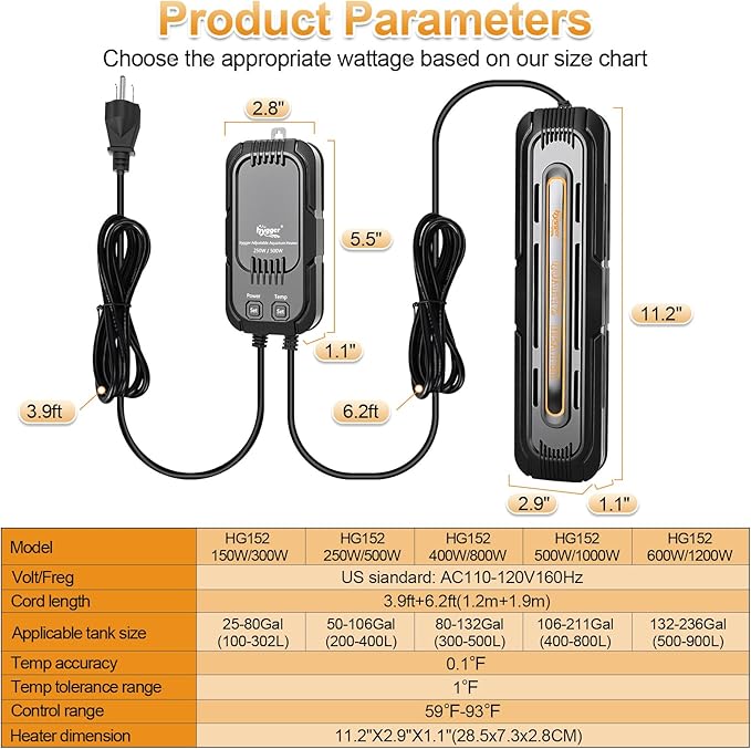 hygger Aquarium Heater, 250W/500W Adjustable Power Fish Tank Heater with Digital Display External Controller, Automatic Power-Off Protection Heater for 50-106 Gallons Freshwater and Saltwater Tank