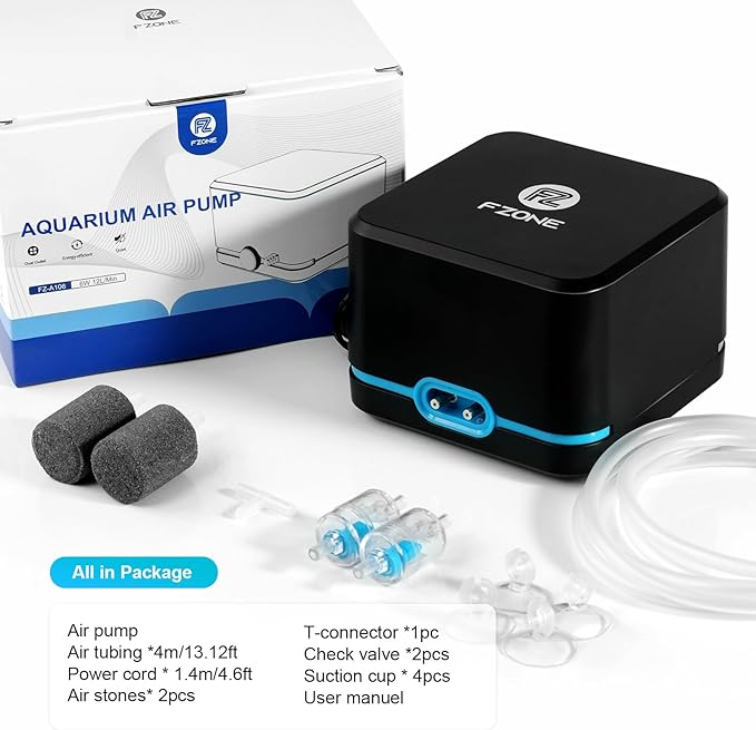 FZONE Aquarium Air Pump, Ultra Quiet Fish Tank Aerator Pump with Stainless Steel Dual Outlets, Adjustable Powerful Oxygen Pump with Air Stones for Freshwater and Saltwater Aquariums