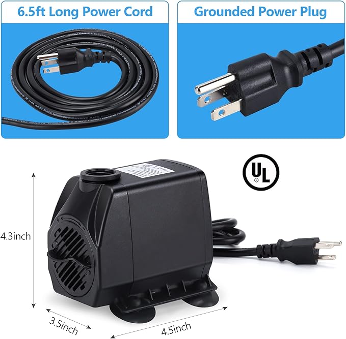 CWKJ Fountain Pump, 880GPH Submersible Water Pump, Durable 60W Outdoor Fountain Water Pump with 6.5ft Power Cord, 3 Nozzles for Aquarium, Pond, Fish Tank, Water Pump Hydroponics, Backyard Fountain