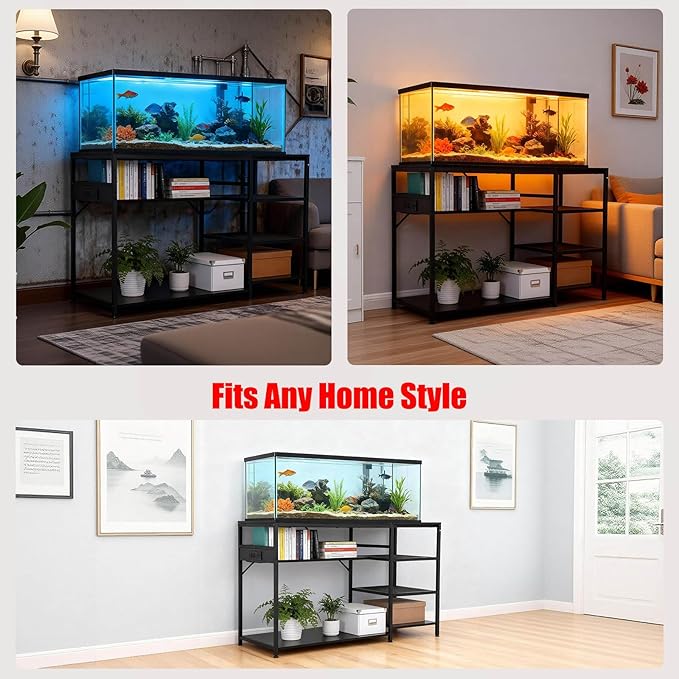 FAHKNS 55 75 Gallon Aquarium Stand Heavy Duty 1200lbs Capacity, Black Steel Frame Fish Tank Stand with Electrical Outlet & USB, Storage Cabinet for Large 49 Inch Aquariums