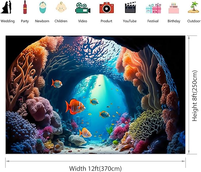 Renaiss 12x8ft Aquarium Backdrop Fabric Blue Underwater World Coral Reef Tropical Fish Photo Background Kids Adults Game Events Ocean Theme Birthday Party Decorations Portrait Photo Booth Prop