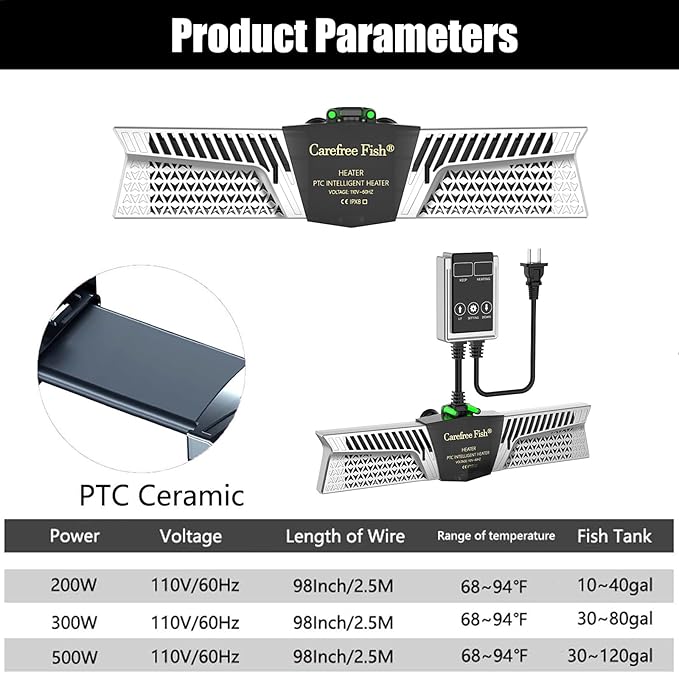 Carefree Fish Aquarium 500W 2IN1 PTC Ceramic Heater PID Control Digital Dual Independent Chip Control The Safest Most Accurate and Fastest Heater for Freshwater and Saltwater Tank (No Cooking Fish)