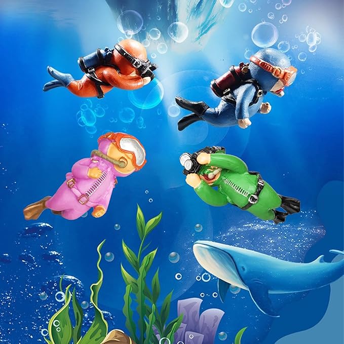 Philbinden 4 Pack Floating Fish Tank Decorations,Cute Little Diver Aquarium Decoration Cartoon Fish Playmate with Floating Device Fish Tank Accessories