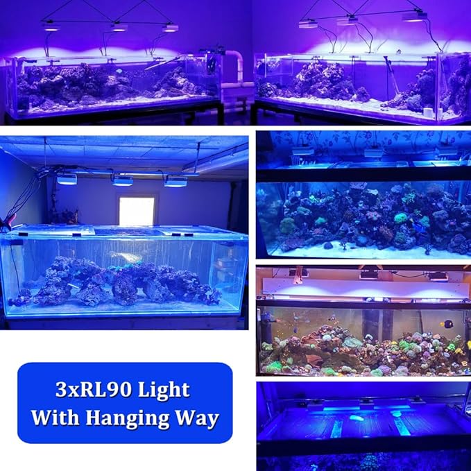 PopBloom 3PCS RL90 Led Aquarium Light for Coral Reef, Smart-APP Control Reef Led Light Aquarium Marine Lighting Fish Tank Light for 120-150CM Saltwater SPS/LPS Reef Aquarium(3 Light with Hang Kit)