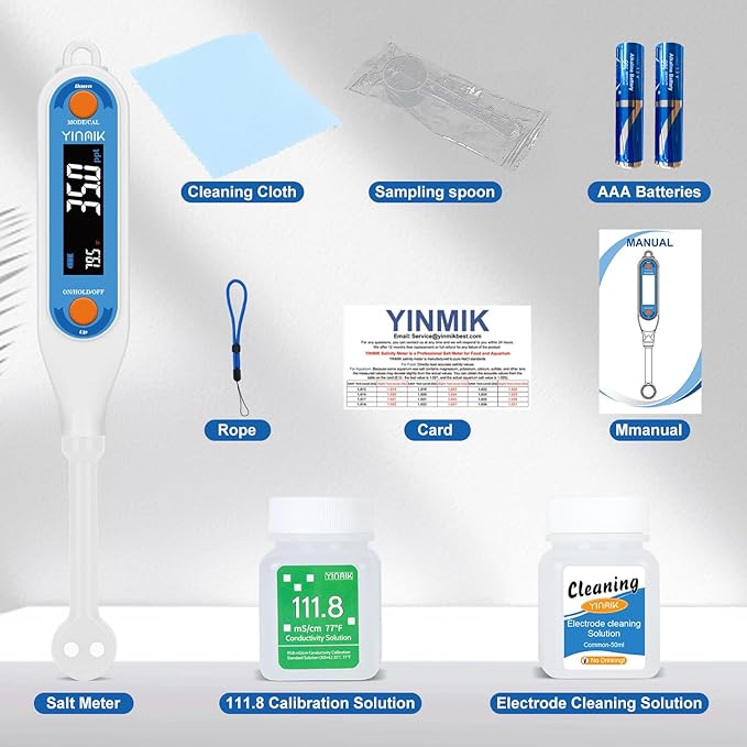 YINMIK Food Salinity Meter Salt Meter, Digital Salt Tester for Food, Food Sodium Tester, Sodium Checker at Home with 3 Salt Modes - PPT% SG, Portable Sodium Chloride Reader, Sodium Tester for Water