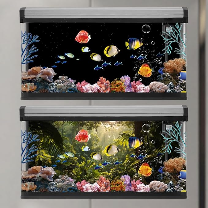 2 Pack Aquarium Background, Vinyl Cloth Fish Background, Forest & Black, for Terrarium Decor Background 48×18 inch
