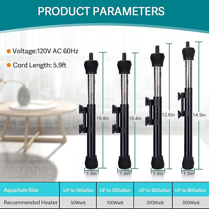 hygger ETL Certification Aquarium Heater, 50W/100W/200W/300W Submersible Fish Tank Thermostat Heater with Firm Double Pair Suction Cups for Coral Saltwater and Freshwater Tank with Thermometer (50W)