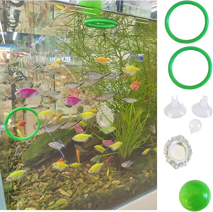 Betta Fish Enrichment Toys Ring and Mirror Floating Exercise Mirrors and Training Ring Floating Mirrors Aquarium with Feeding Rings Aquarium Accessories with Suction-Cup (Green)