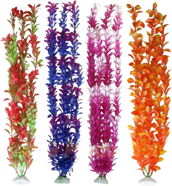 Pack of 4 Tall Plastic Aquarium Plants, Large Fake Plants, Fish Tank Decorations, Artificial Fish Tank Plants
