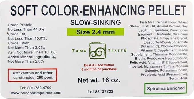 Brine Shrimp Direct Soft Moist Color-Enhancing Sinking Pellet 2.4mm, 16 oz. for Fish & Axolotl