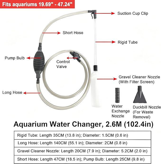 Aquarium Water Changer Siphon Kit – Manual Gravel Vacuum with Thickened Airbag for Fish Tank Cleaning, Sand Washer & Algae Scraper Tool for Freshwater Tanks (1.7m/2.6m (2.6m)