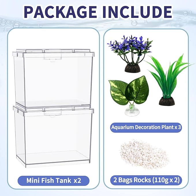 MoonOrange Mini Betta Fish Tank, Small Fish Bowl for Temporary Space, 0.2 Gallon Stackable Cube Tank with Artificial Plants and Gravels for Small Fish, Insect, Shrimp, Crab, Spider.(Pack-2)