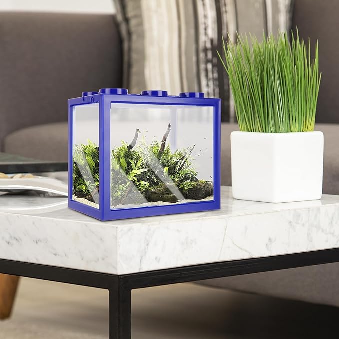 4PCS Plastic Small Betta Fish Tank, 0.6 Gallon Stackable Fish Bowl, Cube Fish Aquarium Tank for Shrimp, Turtle, Small Crab (Blue)