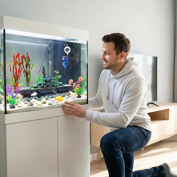 Aquarium Decor Set, Fish Tank Accessories Large Size Resin Sunken Warship Ornament Betta Fish Hideout Cave with 10 Artificial Aquatic Plants, 30-40 Seashells, 1 Floating Diver for Tank Shipwreck Decor