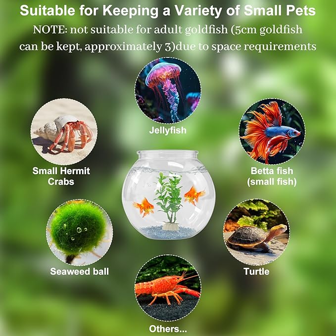 Plastic Goldfish Fish Bowl Drum Round Crystal Clear Aquarium Fish Tank Starter Kits with 1 Artificial Aquatic Plant and 1 Bag Mini Ornamental Stones (0.72Gallon/ 2.75L)