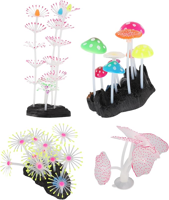 BEIJIALY 5Pcs Aquarium Ornament Glowing Silicone Simulation Aquarium Mushroom Coral Decoration for Fish Tank Aquarium, Silicon Glow Aquarium Plants Ornaments Kit
